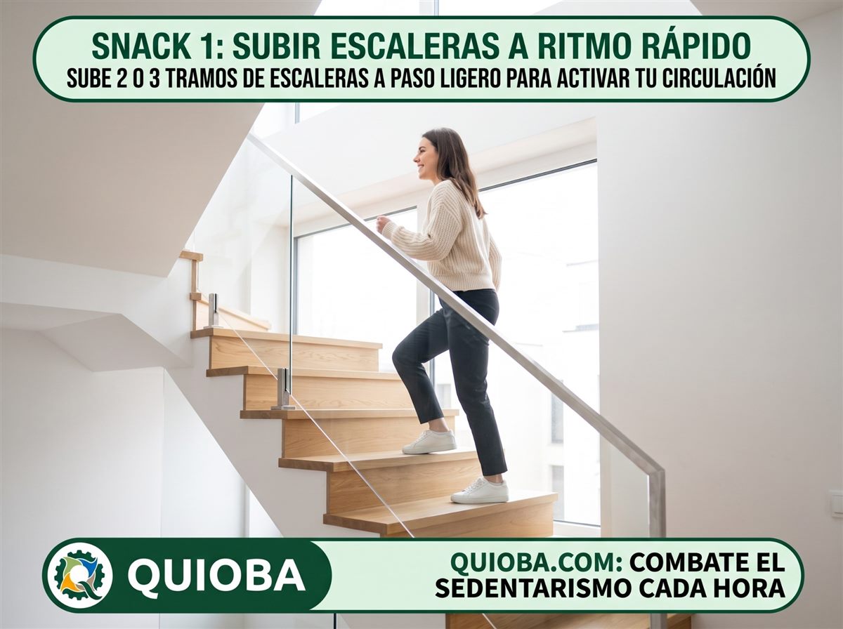 Mujer subiendo una escalera de madera con barandilla de cristal a paso rápido