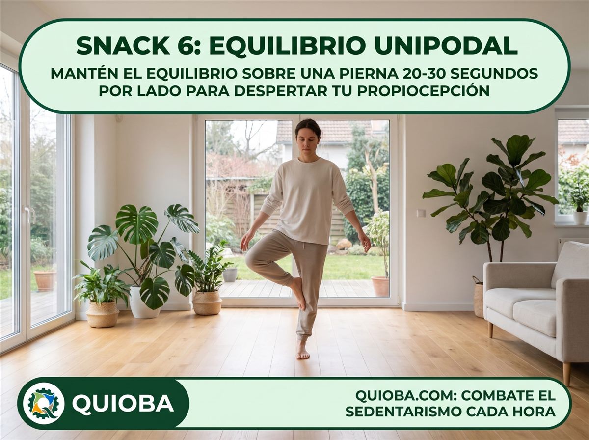 Persona en un salón con plantas manteniendo el equilibrio sobre una pierna